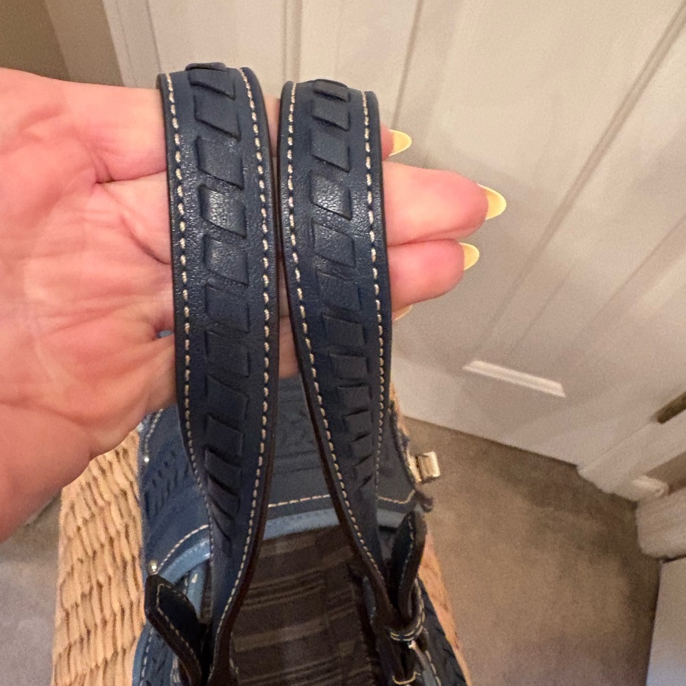 Woven Straw Tote with Navy Leather Trim - Picture 4 of 11